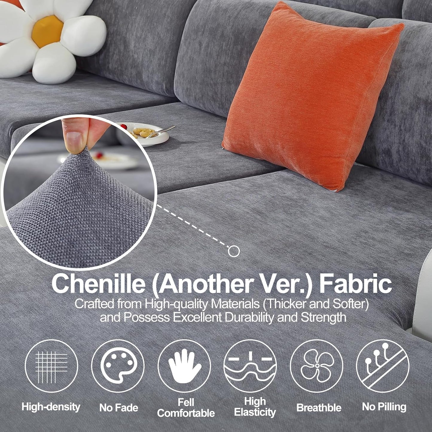 Couch Cushion Covers for L Shaped Sectional Sofa – Softer Chenille Sofa Covers Washable, Non-Slip Stretch Couch Covers & Individual Seat Cushion Slipcovers (2 Piece, Dark Grey)