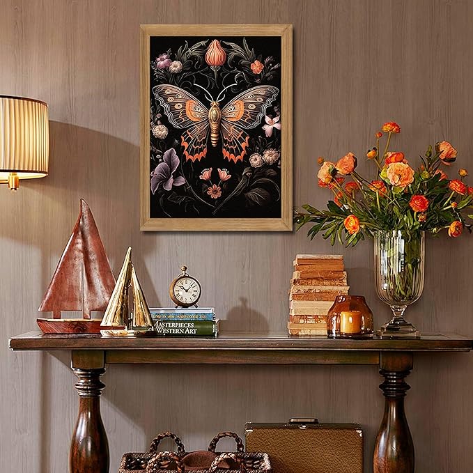 Framed Vintage 3D Textured Wall Art - Gothic Butterfly Wall Decor - Hand Drawn Sandstone Nature Botanical Pictures for Living Room Bedroom Home Decor 16x24 inches