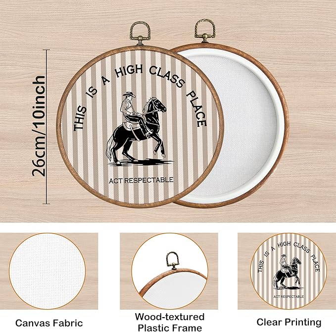 KSDUT Western Cowboy Wall Art Decor - Beige Stripe Preppy Trendy Southwestern Wall Art Canvas Frame Hanging Prints, Foyer Entryway Modern Round Wall Decor for Home Dorm Decorations 10"x10"