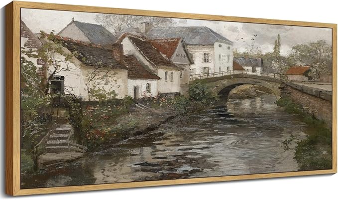 SHENIFY Vintage Framed Wall Art French Town Country Landscape Painting Retro Countryside River Scenery Farmhouse Kitchen Living Room Decor - 8x16in Natural Framed