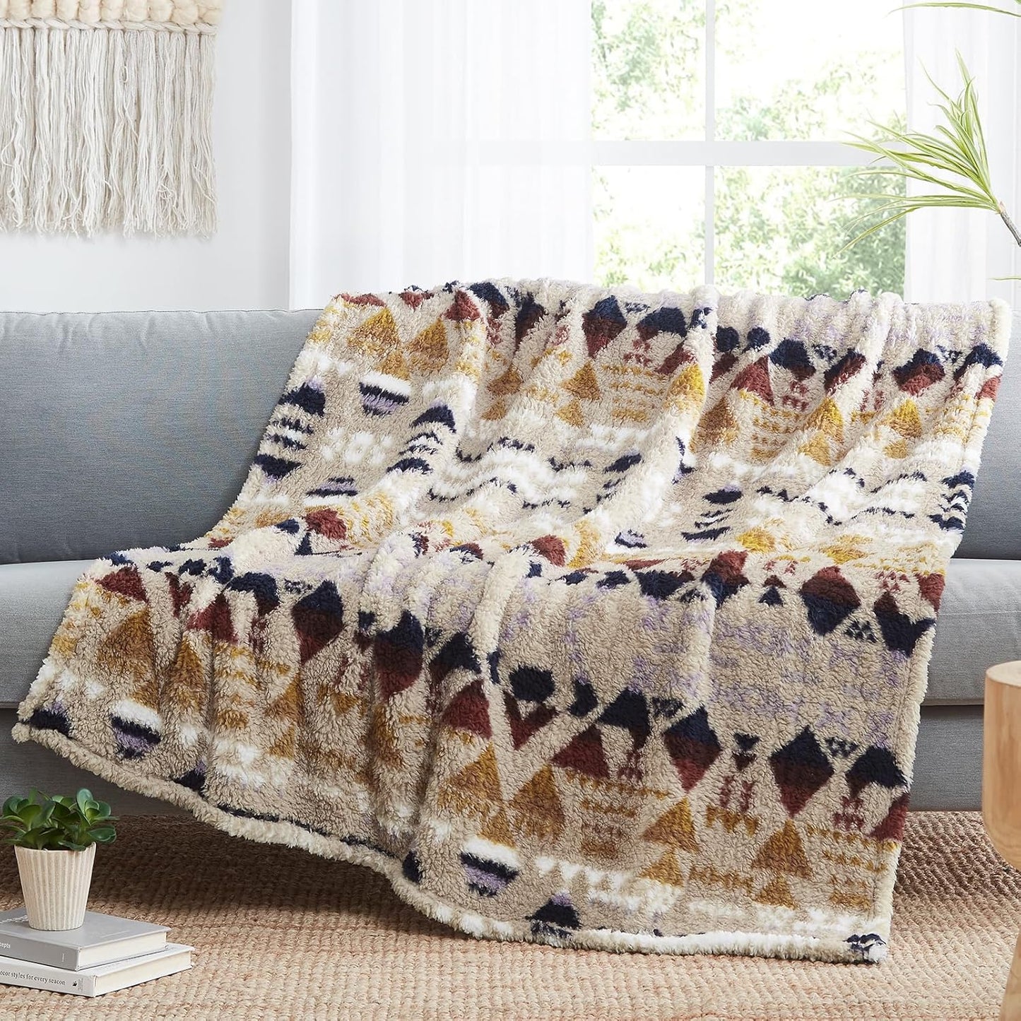 CASAAGUSTO Boho Sherpa Blanket,Teal Aztec Twin Blanket, Ultra Soft, Warm, Cozy, Plush, Thick Fleece Western Blanket for Couch, Bed, Sofa (Khaki 60 * 80 Inch)