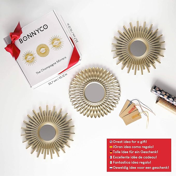 BONNYCO Gold Mirrors for Wall Pack of 3, Round Wall Mirrors Bedroom Room and Home Decor. Espejos Decorativos de Pared Sala Dormitorio, Modern Minimalist Decor Vintage, Chic. Gifts for Women Mums