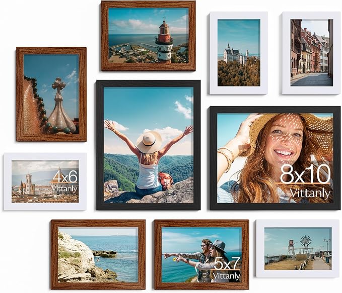 Vittanly 10 Pack Picture Frames, Picture Frames Collage Wall Decor with Two 8x10, Four 5x7 and Four 4x6 Photo Frames, Gallery Wall Frame Set for Wall or Tabletop Display, Black, Walnut Brown and White