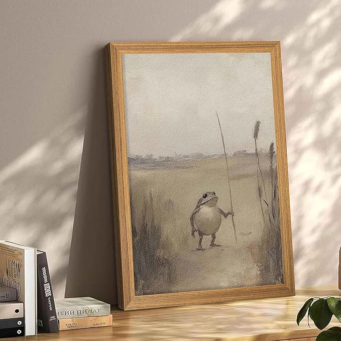 3D Textured Framed Whimsical Frog Wall Art, Vintage Rustic Cottagecore Canvas Wall Decor Picture, Weird Funny Frog Animal Sandstone Painting for Bedroom Living Room 12x16 Inch