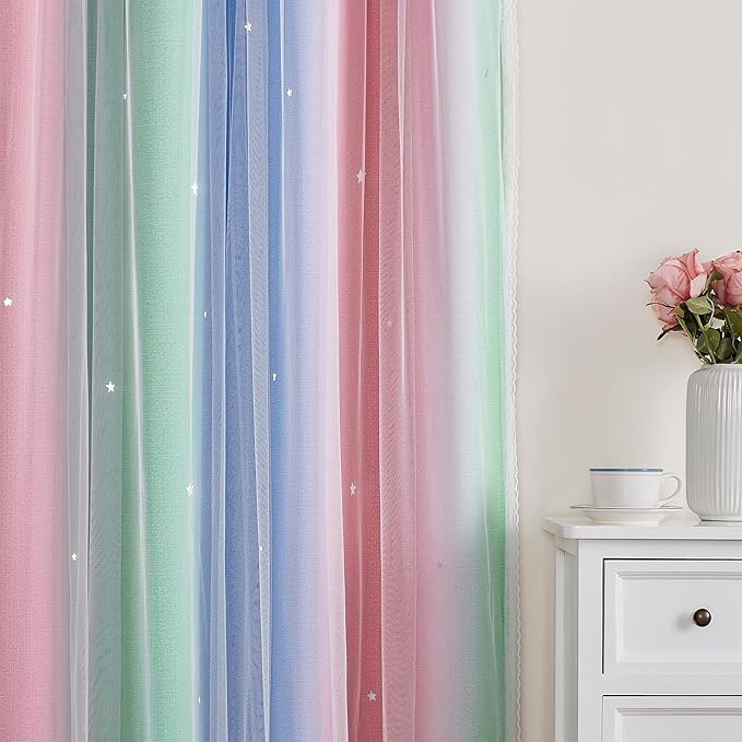 XiDi Curtains for Bedroom Decor, Rainbow Pink GreenBlue34/96/1