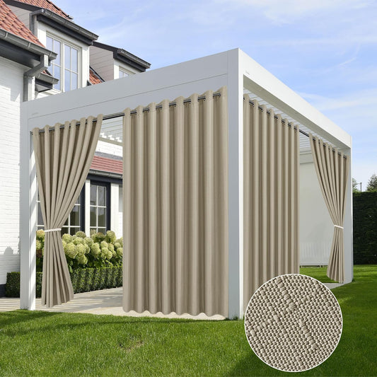 HolidayIdeas 4 Panels Linen Outdoor Curtains for Patio Waterproof Taupe Outside Curtains 110"x84"-Gazebo Wide Curtains Weighted Privacy for Pergola, Porch, Cabana, Living Room, Backyard, Pavilion