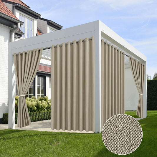 HolidayIdeas 4 Panels Linen Outdoor Curtains for Patio Waterproof Taupe Outside Curtains 110"x95"-Gazebo Wide Curtains Weighted Weatherproof, Privacy for Pergola, Porch, Cabana, Deck, Sunroom