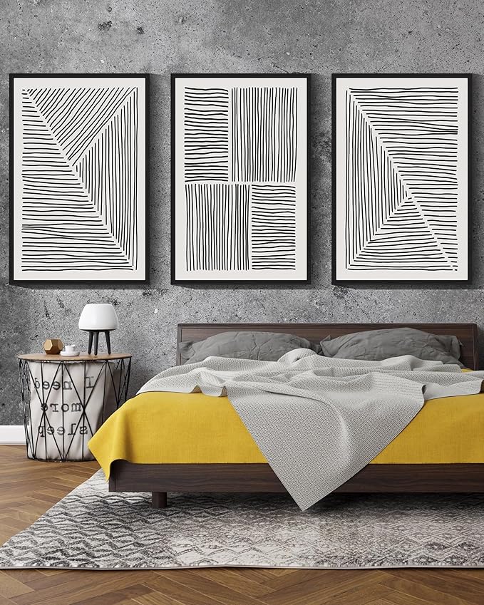 Drsoum Mid-Century Modern Framed Wall Art Large 24x36in Minimalist Abstract Boho Black Line Wall Decor Geometric Artwork Kitchen Dining Room Black Framed