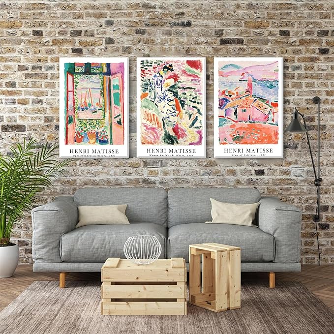 LYPHNX Framed Henri Mattise Canvas Wall Art Colorful Abstract Prints Poster Set of 3 Vintage Aesthetic Painting Picuter Floral Botanical Home Decor for LIving Room Bedroom Girls Room 12"x16"