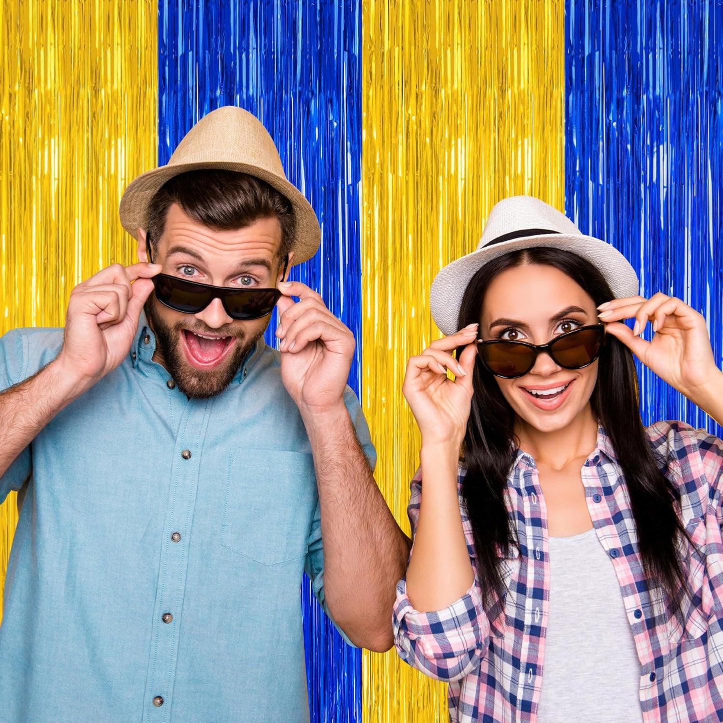2 Pack Graduation Backdrop, 3.28 FT x 7.05 FT Class of 2025 Decorations, Blue Gold Fringe Curtains Tinsel Backdrop Party Streamer, Metallic Blue and Gold Graduation Decorations 2025