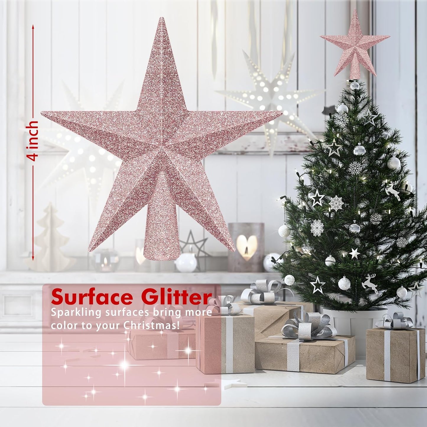 1PCS Tree Topper Star, 4" Rose Gold Christmas Tree Topper Decorations, 3D Glitter Mini Bethlehem Star Shatterproof Tree Decor, Waterproof Xmas Tree Topper for Holiday Home Indoor/Outdoor Ornament