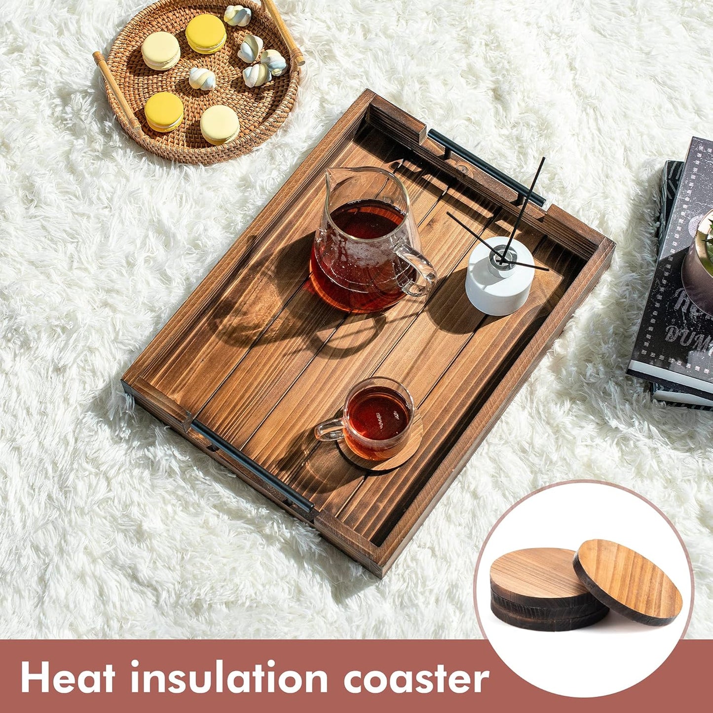 Ottoman Tray | Decorative Coffee Table Tray with Handles - Wooden, 17x13 Inch - Includes 4 Coasters - Ideal for Ottoman, Breakfast