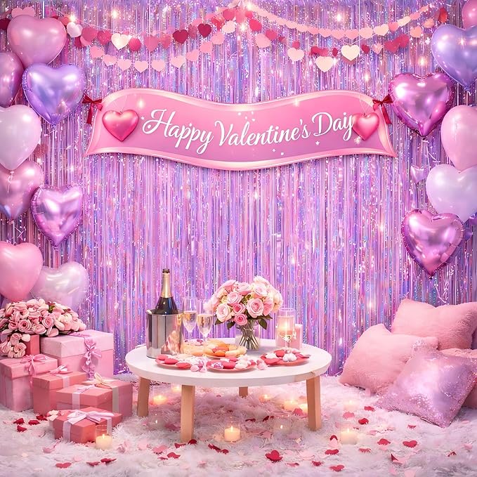 Melsan 3 Pack 3.2 x 8.2 ft Sparkling Pinkish Purple Tinsel Valentines Backdrop Fringe Curtain Backdrop Party Decorations Glitter Decor for Birthdays, Bachelorette, Weddings, Photo Booth