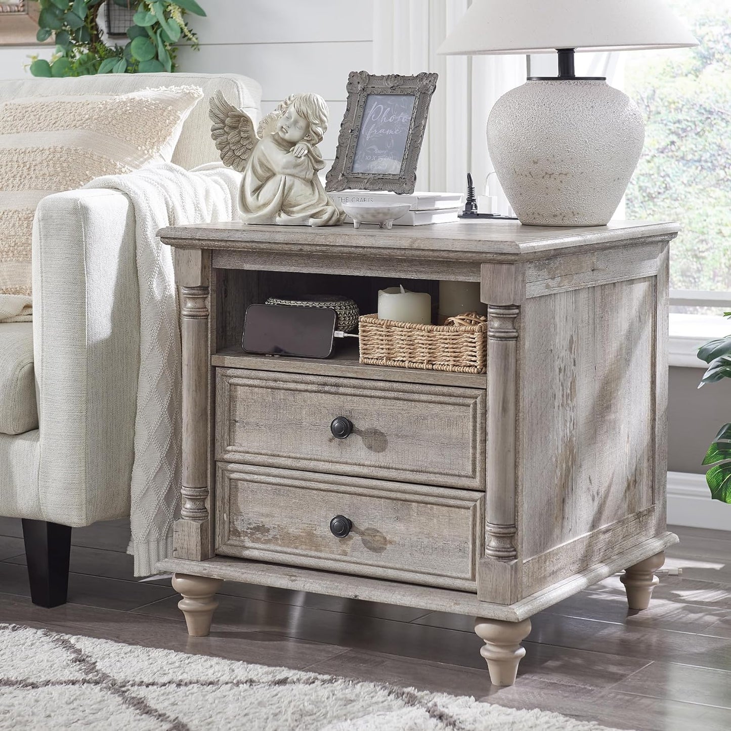 T4TREAM 24'' Farmhouse End Table w/4 Solid Wood Feet, Large 2 Drawers Wide Sofa Side Table with Charging Station, Tall Rustic Wood Square Nightstand for Living Room, Bedroom, Office, Light Rustic Oak