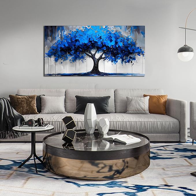 Blue Wall Art Large Tree of Life Wall Art for Living Room Bedroom Office Bathroom Modern Framed Canvas Prints Blue and Grey Picture Size 24x48