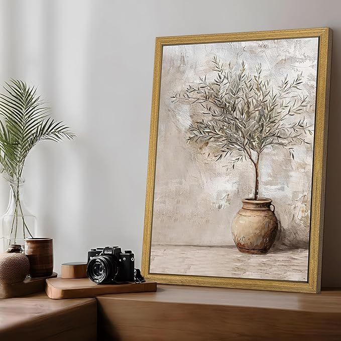 Vintage Olive Tree Canvas Wall Art, Farmhouse Aesthetic Oil Painting, Rustic Potted Plant Wall Decor, Neutral Botanical Print Artwork Picture for Living Room Kitchen Home Decor 12x16 Inch Framed