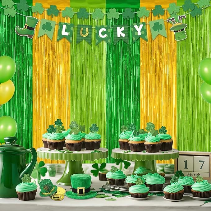 2 Pack St Patrick Party Decorations, Green Party Backdrop Green Gold Light Green Backdrop Curtains, Metallic St.Patrick Fringe Curtains Party Streamer Tinsel Backdrop, St Patrick Party Supplies