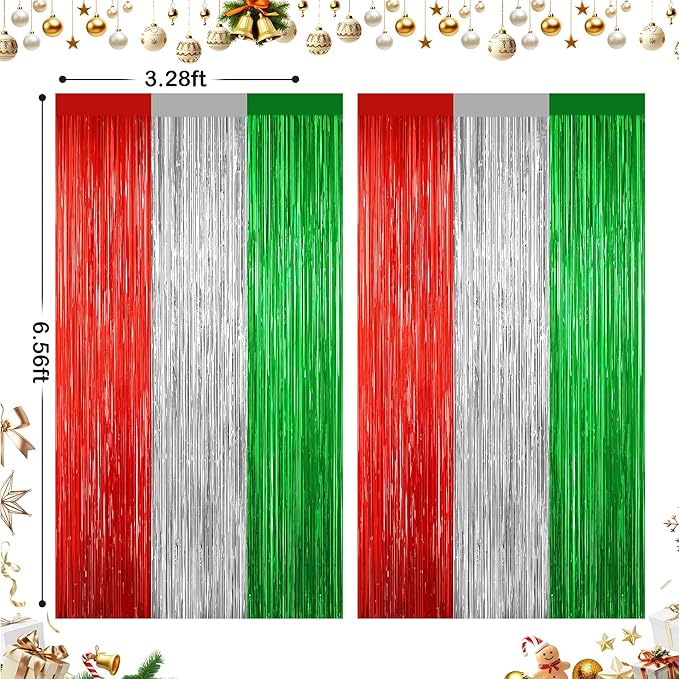 2 Pack Christmas Backdrop, Red Silver Green Party Streamer, Metallic Xmas Backdrop Fringe Curtains Foil Tinsel, Christmas Decorations Wall Decor Streamers Photo Booth Props