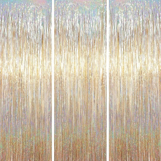 3.3 x 6.6 ft Foil Fringe Backdrop Curtains, Tinsel Streamers Party Decorations, Fringe Backdrop for Birthday, Baby Shower, Gender Reveal, Graduation (3, Champagne)