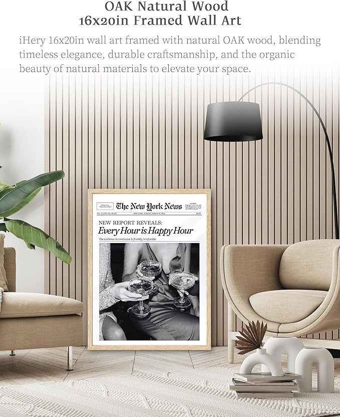 iHery Every Hour is Happy Hour Framed Trendy NewsPaper Wall Art, Natural OAK Wood Large 16x20in Canvas Wall Decor For Bedroom, Retro New York News Prints for Girl Dorm Living Room Home 1Pack
