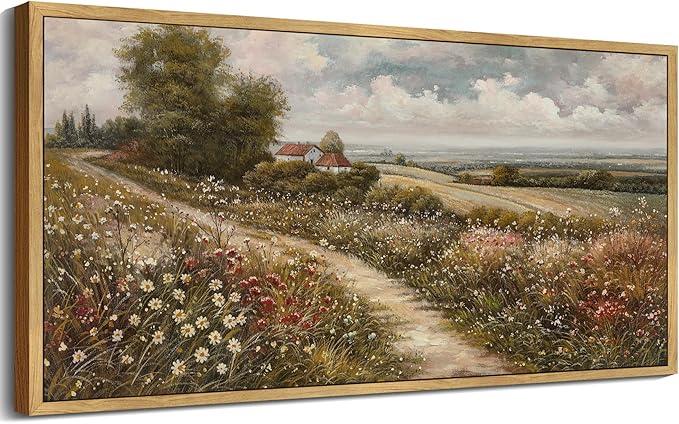 SHENIFY Vintage Landscape Framed Wall Art Rustic Countryside Wildflower Field Farmhouse Decor Retro Meadow with Flowers Painting for Hallway Bedroom Dining Room - 20x40in Natural Framed