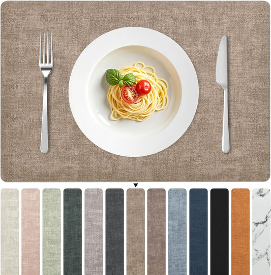 FROMHEART Faux Leather Placemats Set of 12–Waterproof,Heat/Oil Stain-Resistant PU Table Mat–Reversible,Non-Slip,Easy to Clean Place Mats for Kitchen,Dining,Indoor/Outdoor,(Light Coffee,11.8" x 17")