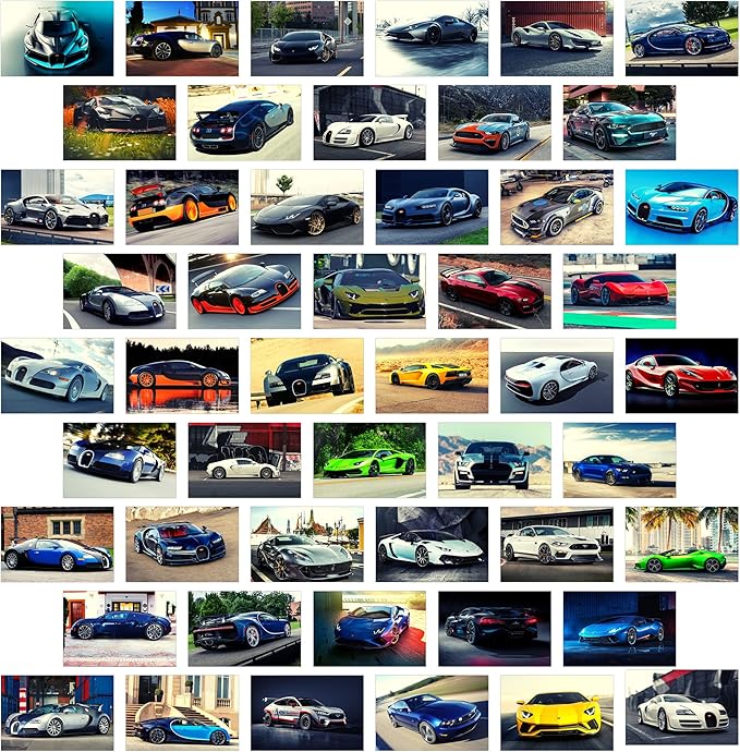 Car Posters for Boys Room, Super Car Wall Collage Kit for Wall Art Prints, Sports Car Pictures Dorm Room Decor for Teen Boys (50pcs 4x6 inch)