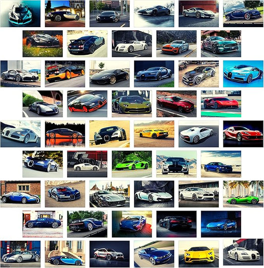 Car Posters for Boys Room, Super Car Wall Collage Kit for Wall Art Prints, Sports Car Pictures Dorm Room Decor for Teen Boys (50pcs 4x6 inch)