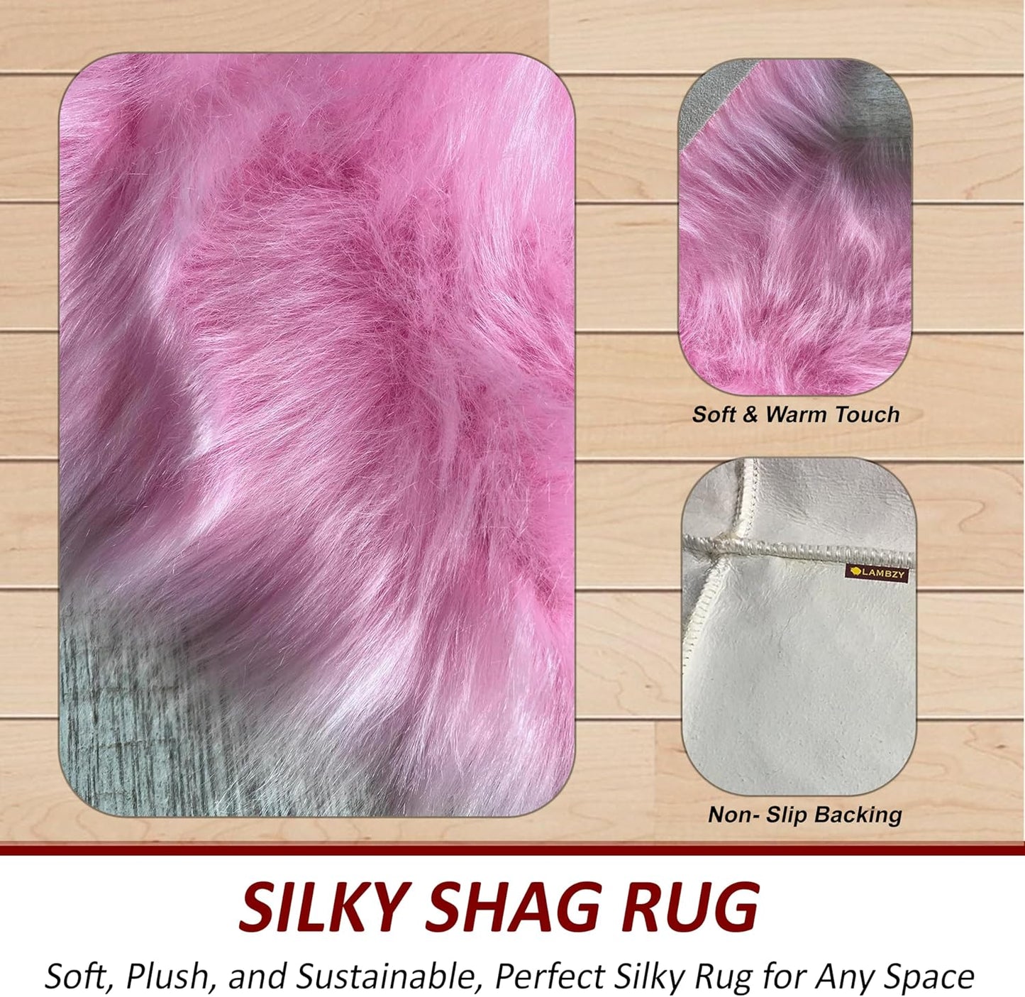 LAMBZY Faux Sheepskin Super Soft Hypoallergenic Free Shape Silky Shag Rug, Luxury Shaggy Plush Carpet for Bedrooms Living Kids Room Sofa Rugs (Pink, Quarto 4 Pelts 4'x6')