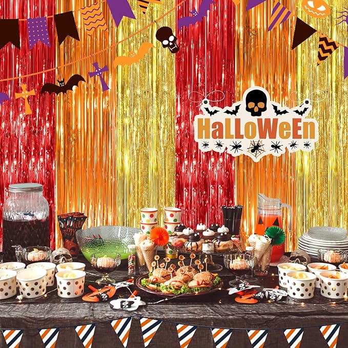 red orange gold Fringe Curtain Party Streamers 2Pack 3.3 x 8.3 Ft Foil Fringe Backdrop Curtains for Birthday Wedding Bridal Baby Shower Holiday Tinsel Streamers Rainbow Party Decorations Door Streamer