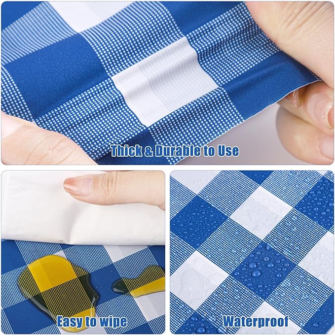 Kochorie 54 Inch x 300 Ft Blue Checkered Plastic Table Cloth Roll Disposable Waterproof Table Cover Plastic Table Cover Roll with Easy Slide Cutter for Outdoor Picnic/Home Dining/Spring Party