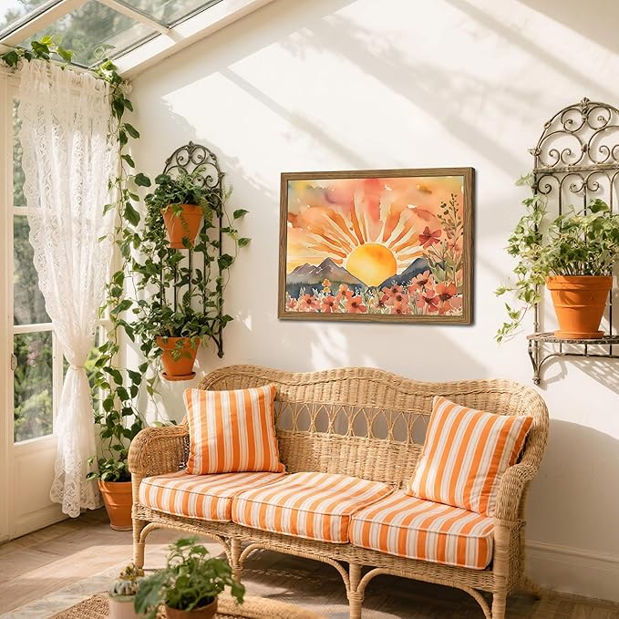 Framed Sunset Boho Wall Art for Living Room - Modern Abstract Floral Canvas Picture Boho Wall Decor, Sun Landscape Aesthetic Painting Poster Prints for Bedroom Home Office 12x16 inch