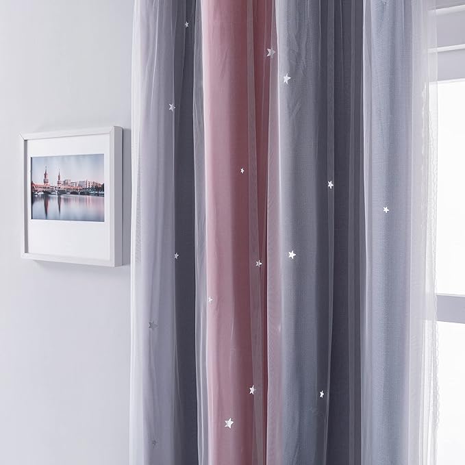 XiDi Curtains for Bedroom Decor, Rainbow Pink-Grey-34-54