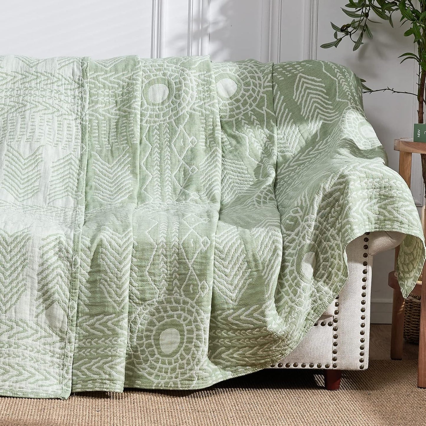 jinchan Boho 100% Cotton Blanket Muslin Lightweight Twin Size Throw Blanket Reversible for Couch Soft Cozy All Season 3-Layer Throw Coverlet Blanket for Bedroom Living Room Decor Green 60x80 Inches