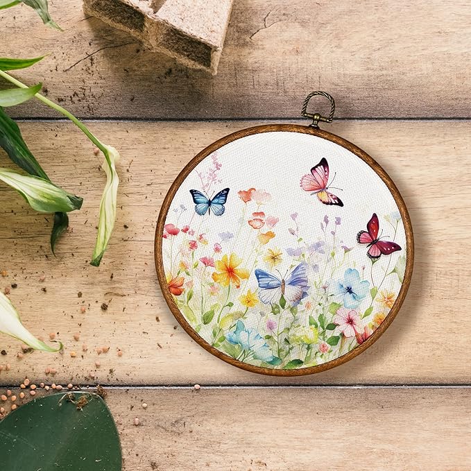 KSDUT Spring Floral Botanical Wall Decor Art - Butterfly Flower Wall Art Canvas Frame Hanging Prints, Preppy Trendy Wildflower Round Wall Art Decor for Farmhouse Gallery Home Decorations 10"x10"