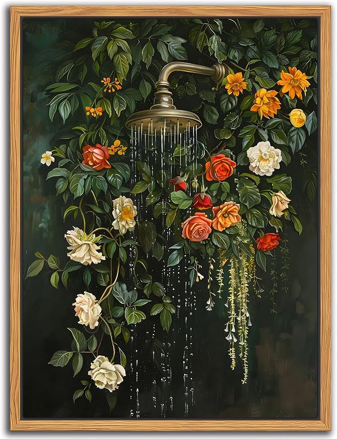 Floating Framed Floral Shower Wall Art, Vintage Botanical Flower Canvas Print, Romantic Garden Roses and Waterfall Painting, Nature Inspired Bathroom Wall Decor for Home Living Room 12x16 inch