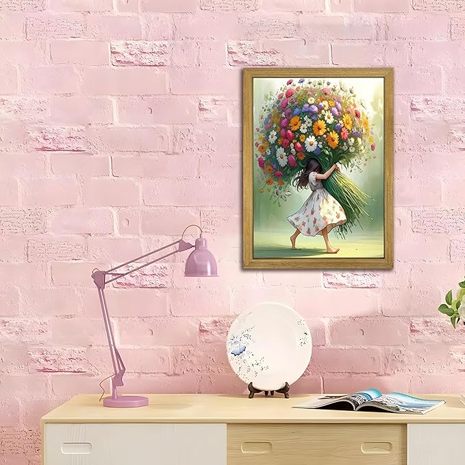 Wood Framed Pink Wildflower Canvas Wall Art, Girl Hugging Flowers Poster Prints Paintings, Teen Girls Preppy Bedroom Decor, Green Room laesthetic Picture for Kids Room Hallway Living Room 12x16 Inch