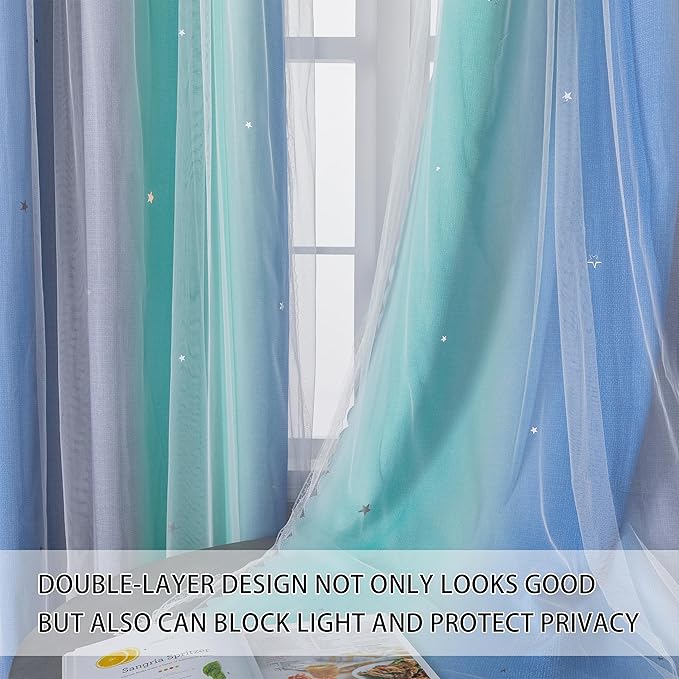 XiDi Dream Star Blackout Curtains for Kids Rooms Girl Princess Curtain for Daughter Bedroom Window (Blue Green Grey, W52 X L96)