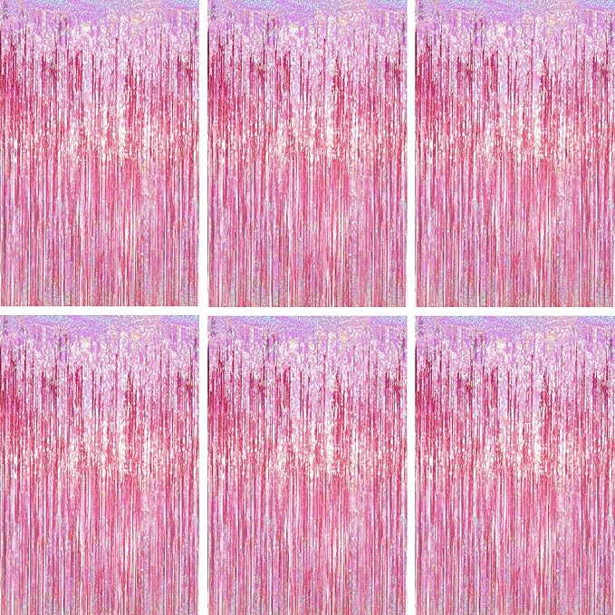 3.3 x 6.6 ft Foil Fringe Backdrop Curtains, Tinsel Streamers Party Decorations, Fringe Backdrop for Birthday, Baby Shower, Gender Reveal, Graduation (6, Pink)