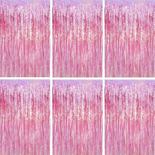 3.3 x 6.6 ft Foil Fringe Backdrop Curtains, Tinsel Streamers Party Decorations, Fringe Backdrop for Birthday, Baby Shower, Gender Reveal, Graduation (6, Pink)