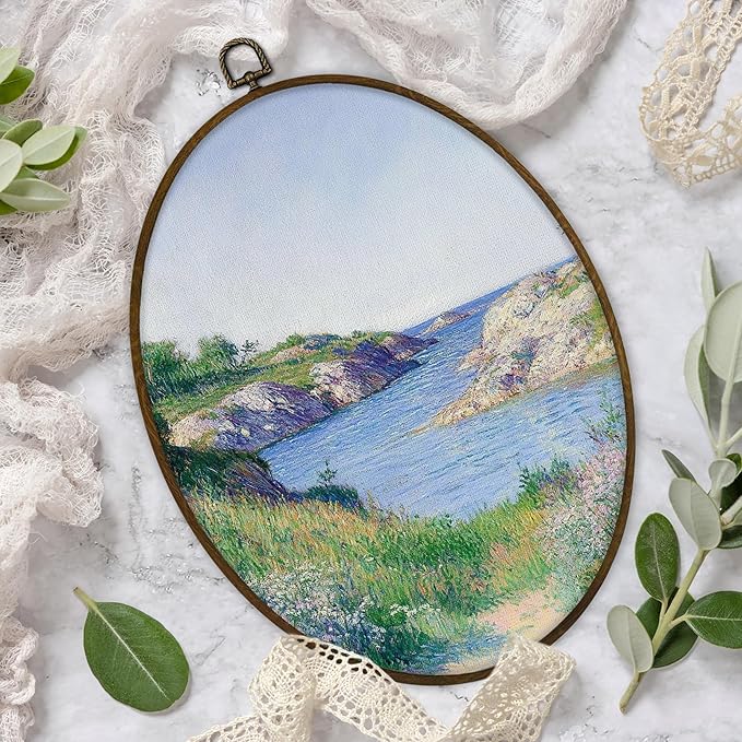 Gnmduw Wildflower Meadow River Landscape Oval Wall Art Framed, Farmhouse River Cottage Natural Scenery Canvas Prints Hanging Decor Decorations, Rural Landscape Wall Decor for Bedroom Gallery, 8.7x11.3