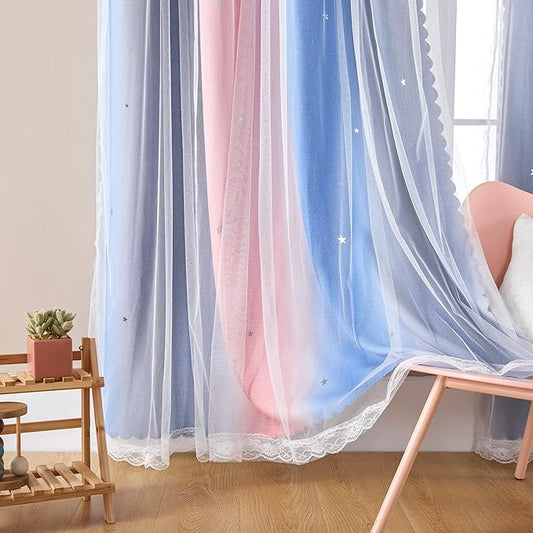 XiDi Curtains for Bedroom Decor, Rainbow PinkGreyBlue-34-96