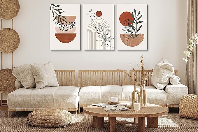 Boho Wall Art Prints，Boho Wall Decor, Mid Century Modern Wall Art，Set of 3 Prints, Abstract Geometric Prints Black Beige Terracotta Minimalist Art, Natural Framed Canvas Prints Artwork For Living Room