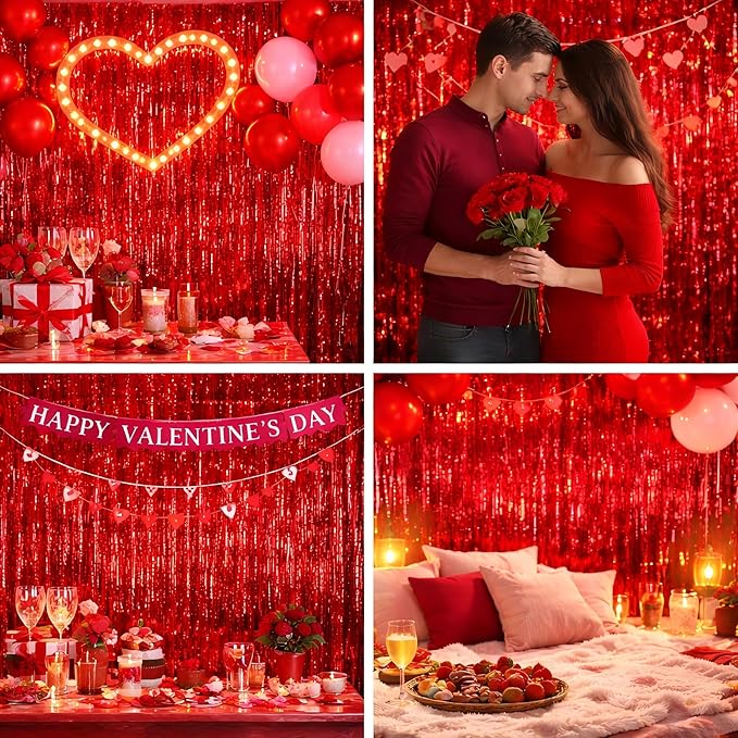 Red Party Streamers Decorations 3 Pack 3.2 x 8.2 ft Shiny Fringe Curtain for Birthday Party Decor, Red Streamers Backdrop, Valentines Day Decorations (Pure Red)