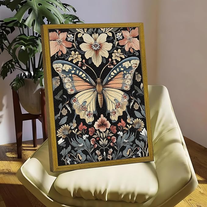 Hand Drawn Sandstone Nature Floral Wall Art, Framed Vintage 3D Textured Butterfly Wall Decor, Gothic Style Flower Insect Print Painting for Living Room Bedroom Home Decor 16x24 inch