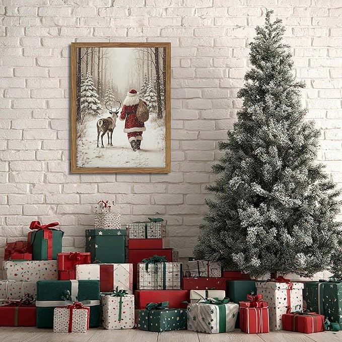 Framed Christmas Pictures Wall Decor, Santa Reindeer Winter Wall Art, Rustic Canvas Christmas Print, Winter Holidays Decor, Vintage Christmas Decorations Painting for Bedroom Living Room – 12x16in