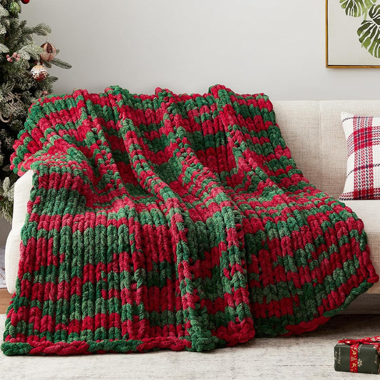 Chunky Knit Throw Blanket, 50''*60'' Knitted Throw Chenille Yarn for Bed Couch, Handmade Stripe Crochet Big Thick Blanket, Machine Washable Cute Comfy Blanket for Home Decor