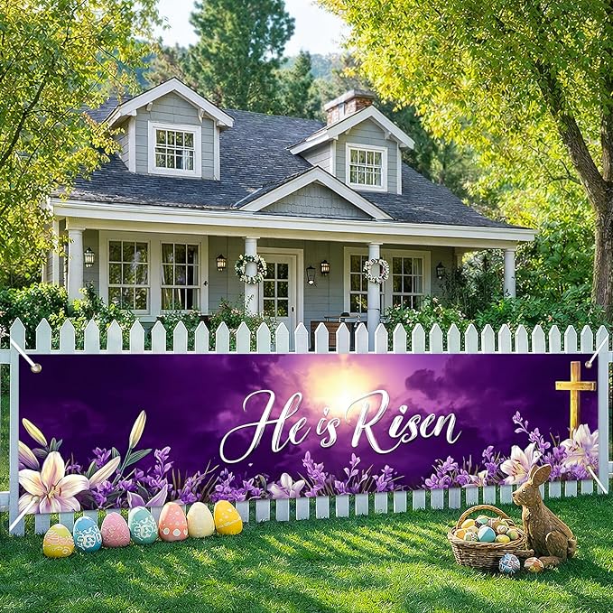 He Is Risen Easter Banner Christian Resurrection Spring Decor 78 x 17 Inch Religious Purple Cross Flower Scene Banner for Church Yard Fence Door Wall Indoor Outdoor Easter Display