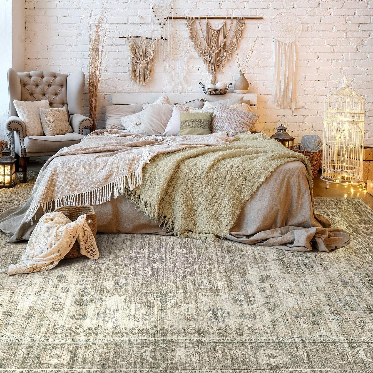 Washable Area Rugs for Living Room -10x14 Neutral Vintage Distressed Floral Farmhouse Boho Large Soft Floor Rug Indoor Non Slip Carpet for Living Room Bedroom Dining Room Office -Brown/Tan