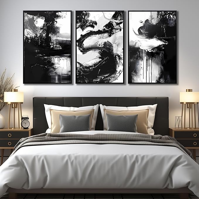 Abstract Wall Art for Living Room, Framed Canvas Wall-Decor for Bedroom, Black and White Picture Prints, Size 24 x 36 Inches 3-Pieces